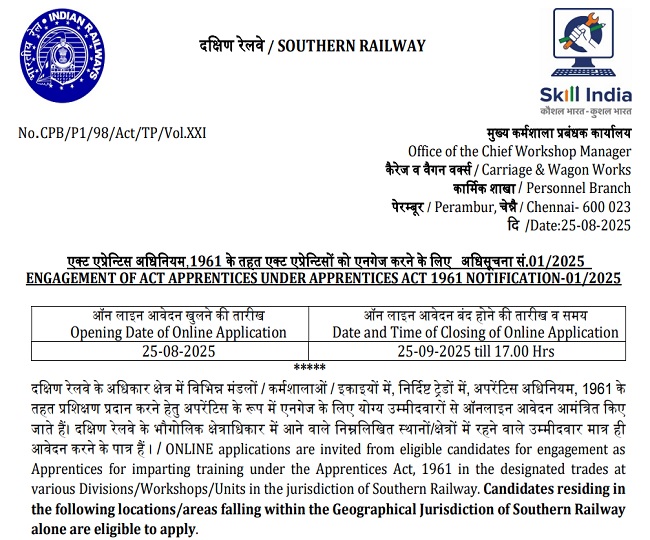 Railway Recruitment 2025: साउदर्न रेलवे अप्रेंटिस भर्ती के लिए आज आखिरी मौका, 10वीं-12वीं-आईटीआई पास कर सकते हैं आवेदन